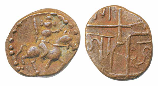 South India, anonymous Copper Cash, 1.52g, Obv: Horse rider, Rev: Devnagari letter “Ja” in