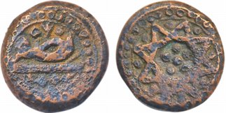 Akbar, Copper Nisfi, 9.75g, Obv: “Nisfi” in Persian, Rev: Geometric designs (KM# 25.1). Ve
