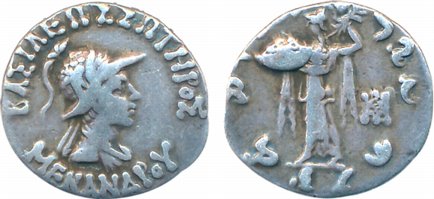 Indo-Greek, Menander, Silver Drachms, 2.31g, Obv: Diademed but of king to right, wearing a