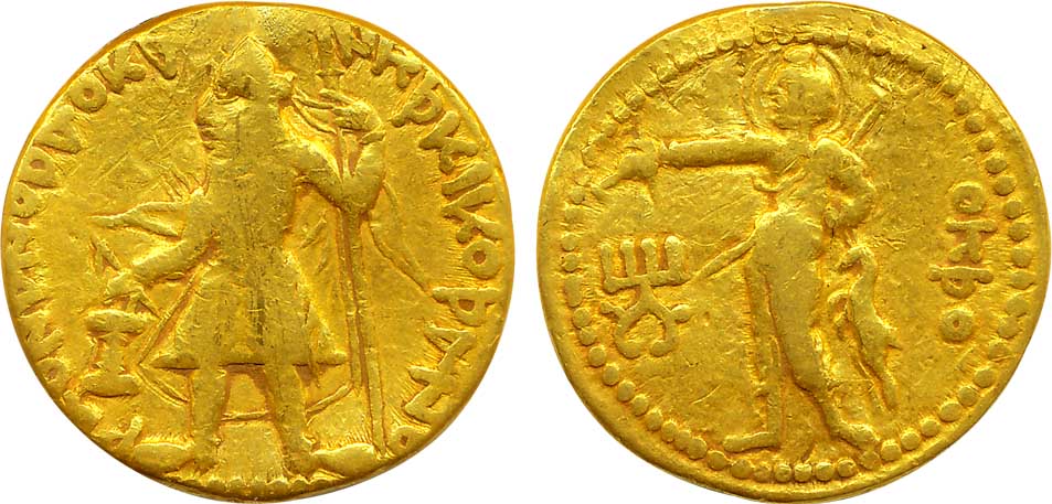 Kushan, Kanishka, Gold Dinar, 7.78g, Obv: king standing wearing boots and tunic, with jave