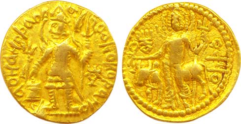 Kushanas, Vasudeva II, Gold Dinar, 7.90g, Obv: king wearing armour and pointed helmet, sta