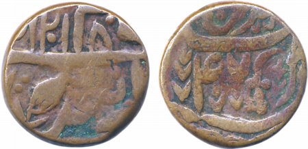 Copper Takka, 18.18g Kabirganj Mint, in the name of Shah Alam II, AH 1218/ RY 47, sword as
