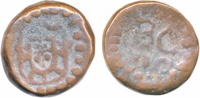 Cochin, Copper 4 Bazarucos, 16.76g, Obv: Square arms in dotted circle, Rev: “BC-CO” in two