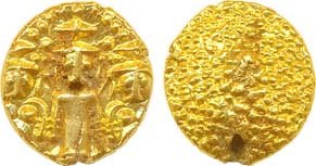 Three Swami Gold Pagoda, 3.13g, Obv: Half figure of deities, Rev: Granulated field (KM# 30