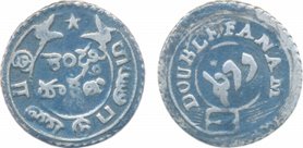 Silver Double Fanam, 1.82g, 2nd issue, ND, Obv: Buckled garter, value in Persian and Engli
