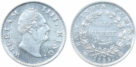 William IIII, Silver ½ Rupee, 1835. Very fine, scarce.