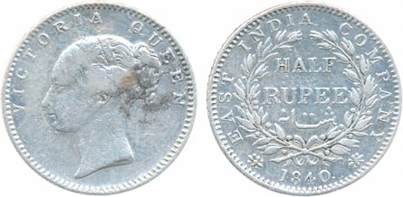 Victoria Queen, Silver ½ Rupee, 1840, continuous legend, 19 berries. Very fine+, scarce.