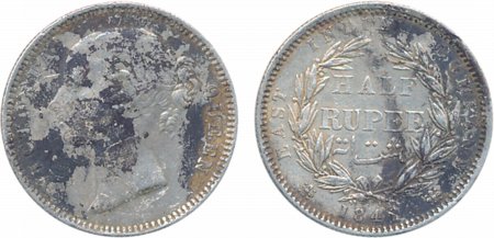 Victoria Queen, Silver ½ Rupee, 1840, divided legend, B raised, WW incused, 24 berries, no