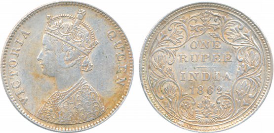 Victoria Queen, Silver Rupee, 1862, A/II/0/4. Extremely fine+, scarce.