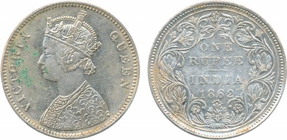 Victoria Queen, Silver Rupee, 1862, A/II/0/5. Extremely fine, scarce.