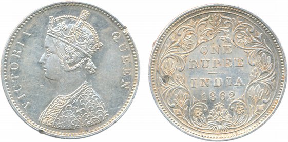Victoria Queen, Silver Rupee, 1862, A/II/0/5. Extremely fine, scarce.