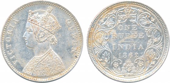 Victoria Queen, Silver Rupee, 1862, A/II/0/10 dot. About uncirculated, scarce.