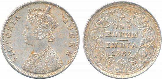 Victoria Queen, Silver Rupee, 1862, B/II/0/0, Large letter. Extremely fine, scarce.