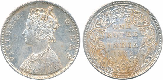 Victoria Queen, Silver Rupee, 1862, B/II/2/3, Dot, double struck on date. Extremely fine+,