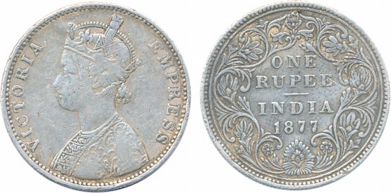 Victoria Queen, Silver Rupee, 1877, A/II/no dot. Very fine+, rare.