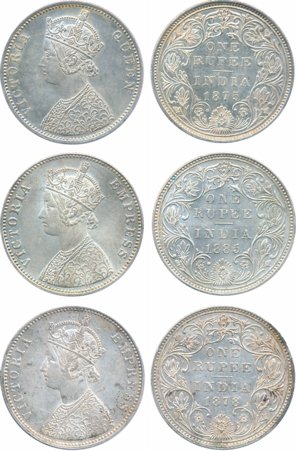 Victoria Queen & Victoria Empress, Silver Rupees (3), 1875, A/II dot, 1878 & 1885, B raise