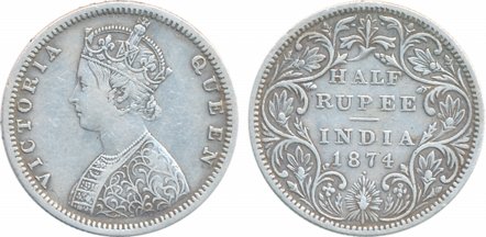 Victoria Queen, Silver ½ Rupee, 1874, Bombay Mint, B2/II/dot (Prid# 284). Very fine, rare.