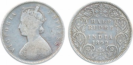 Victoria Queen, Silver ½ Rupee, 1892, Calcutta Mint, A/I, C incused (Prid# 276). Very fine