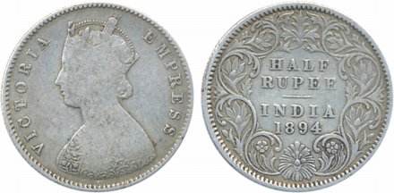 Victoria Queen, Silver ½ Rupee, 1894, Calcutta Mint, A/I, C incused. Very fine, scarce.