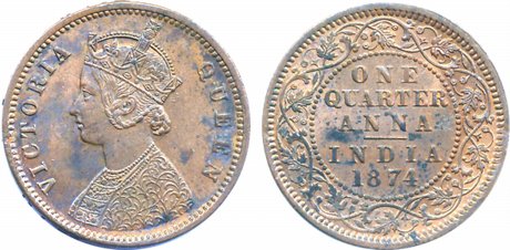 Victoria Empress, Copper ¼ Anna, 1874, Calcutta Mint. About extremely fine, scarce.