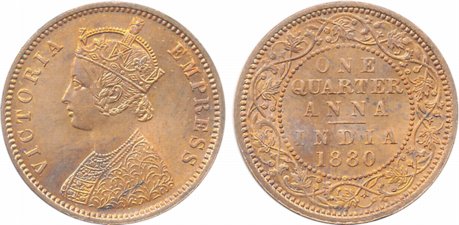 Victoria Empress, Copper ¼ Anna, 1880, Calcutta Mint (Prid# 614). About uncirculated, scar