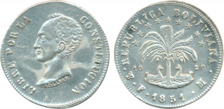 Bolivia, Silver 8 Soles, 1851-FM, 27g, Mint mark in monogram, Obv: Without value, Rev: Bar