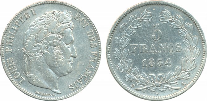 France, Silver 5 Francs, 25g, 1834A, Paris Mint, Obv: Laureate head right, Rev: Mint marks