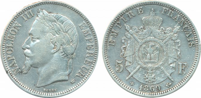 France, Napolean III, Silver 5 Francs, 25g, Strasbourg Mint, 1869BB, Obv: Laureate head le