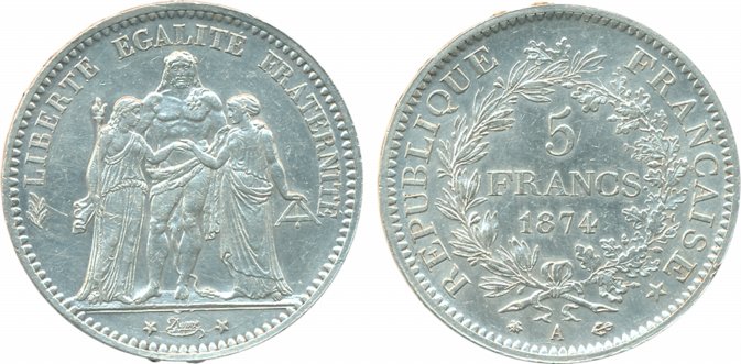 France, Silver 5 Francs, 25g, 1874A, Paris Mint, Obv: Hercules group, Rev: Denomination wi