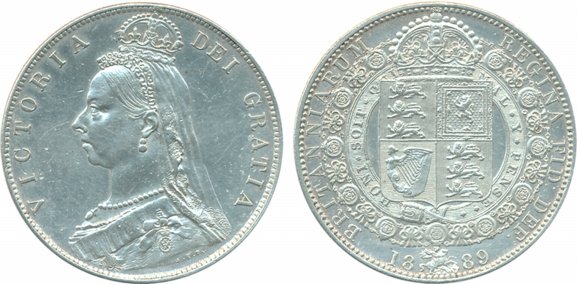 Great Britain, Silver, ½ Crown, 1889, Obv: Coroneted bust to left, Rev: Crowned arms withi