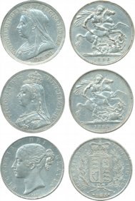 Great Britain, Victoria, Silver Crown (3), 1844, 1889 & 1896 (KM# 741, 765 & 783). Cleaned
