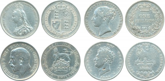 Great Britain, Silver One Shilling(4), 1858, Victoria Empress, Victoria Queen , 1888, Geor