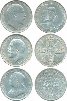 Great Britain, Silver Florin (2 shilings), Victoria, 1895, Edward, 1907 & George V, 1917 (