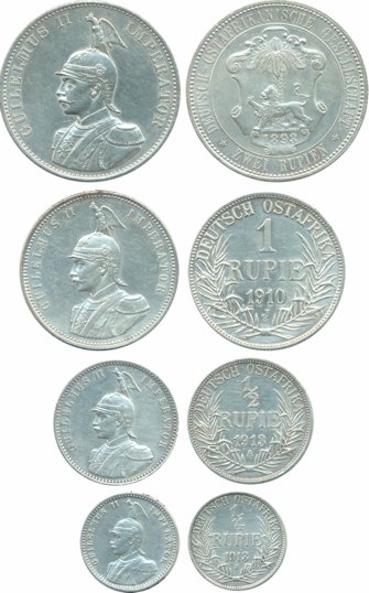 German East Africa, Wihelm II, Silver (4), 2 Rupien, 1893, Rupie, 1910, ½ Rupie, 1913, ¼ R