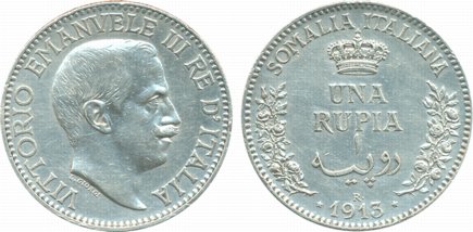 Italian Somaliland, Silver Una Rupia, 1913, 11.66g (KM# 6). Cleaned, very fine, scarce.