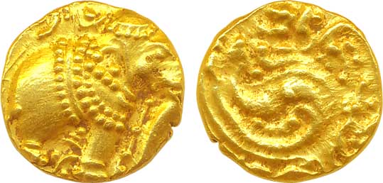 Western Gangas Gold Gajapati Gadyana, 3.77g, Obv: Elephant standing right, Rev: Ornamental