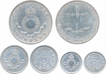 Mombasa, Silver (3), Rupee, 1888 H, ¼ Rupee, 1890 & 2 Anna, 1890, Obv: Crowned above radia