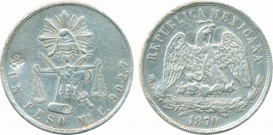 Mexico, Silver Peso, 27g, 1870, Obv: Facing eagle, snake in beak, Rev: Radiant cap above s