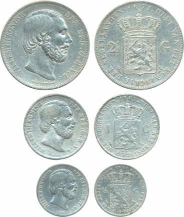 Netherland, Silver (3), 2 ½ Gulden, 1871 (KM# 82), Gulden, (KM# 93), 1865 & ½ Gulden, 1858