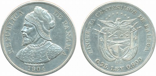 Panama, Silver 50 Centesimos, 1904, 25g (KM# 5). Cleaned, very fine, scarce.