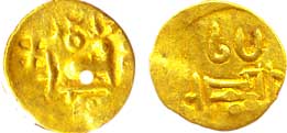 Eastern Gangas of Orissa, Gold Fanam, 0.46g, Obv: Seated bull to right, Rev: Date in Oriya