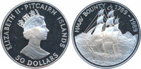 Pitcairn Island, Silver 50 Dollars Proof, HMAV Bounty, 1789-1989 (KM# 5). Limited edition,