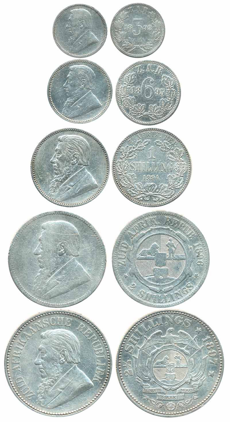 South Africa, Silver (5), 2 ½ Shilling, 1897, 2 Shilling, 1896, 1 Shilling, 1894, 6 Pence,