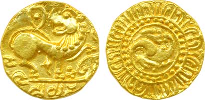 Kadambas of Hangal, Toyimadava, Gold Gadyan, 4.32g, Obv: Lion facing right with head rever