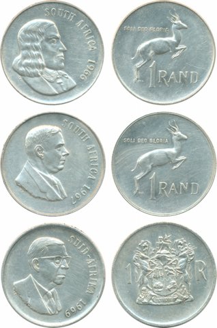 South Africa, Silver 1 Rand (3), 1966, English legend on obv (KM# 71.1), 1967, “1st Annive