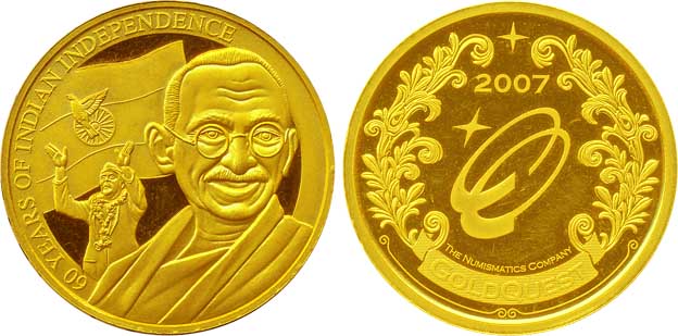 Gold, 6.06g, “60 Years of Indian Independence”, 2007, depicting Gandhiji & Subhash Chandra