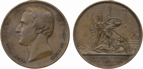 British India, Governor General Lord Wellesley medal, Copper, 1799, Obv: Bust of Marquis W