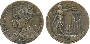 George VI Coronation Medal, Copper, 1937, Obv: “Conjoined bust of George VI & Elizabeth”, 