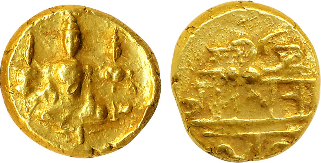 Vijaynagar, Tirumalaraya, Gold Varaha, 3.43g, Obv: Ram seated cross legged with Sita seate