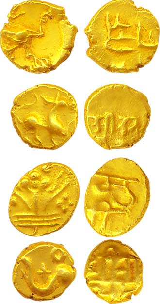 Gold Fanam (4), assorted. Very fine to very fine+, scarce. 4 coins.